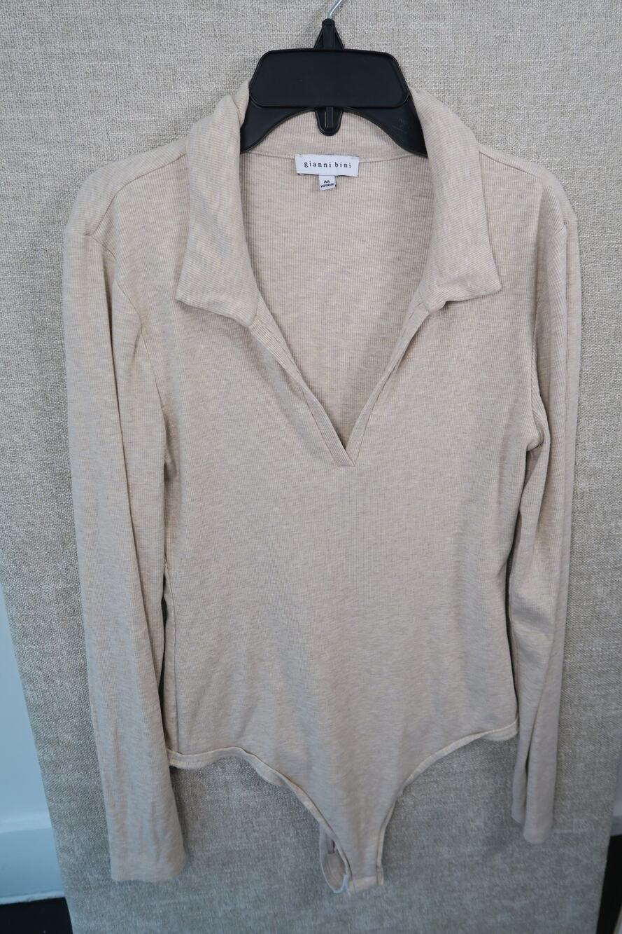 Gianni Bini Beige Ribbed Long-Sleeve Collared Bodysuit